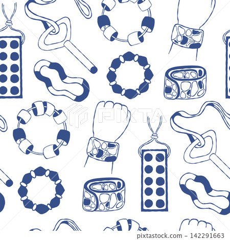 Sensory Fidget Toy Seamless Pattern. Autism ADHD Chew Necklace, Stretchy String Bracelet Clicker on White Background. Special Needs Occupational Therapy Wallpaper Hand Drawn. Vector Illustration Sensory Fidget Toy Seamless Pattern. Autism ADHD Chew Necklace, Stretchy String Bracelet Clicker on White Background. Special Needs Occupational Therapy Wallpaper Hand Drawn. Vector Illustration 142291663