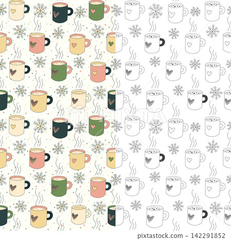 Cozy morning in winter patterns with mugs of hot tea, coffee, and snowflakes Cozy morning in winter patterns with mugs of hot tea, coffee, and snowflakes 142291852