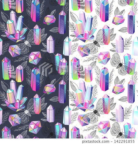Witchy seamless patterns set with crystals gems, moths and leaves Witchy seamless patterns set with crystals gems, moths and leaves 142291855