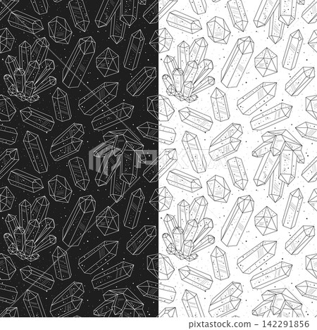 Seamless patterns with black and white crystals gems, outline drawing 142291856