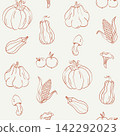 Whimsical autumn harvest seamless pattern with pumpkins, gourds, corn, mushrooms and apples in monochrome terracotta line art on a warm cream background. Hand-drawn vector fall design. 142292023