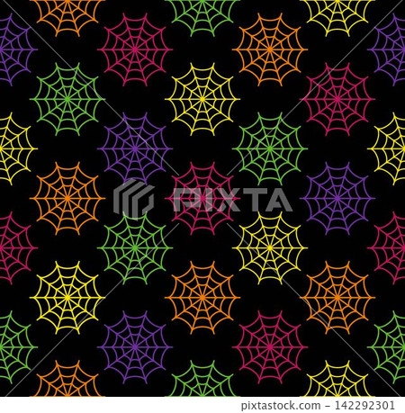 Halloween seamless pattern with spider web icon. Geometric arrangement. Simple flat style, colorful outline icons on black background. Halloween seamless pattern with spider web icon. Geometric arrangement. Simple flat style, colorful outline icons on black background. 142292301