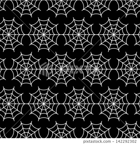 Halloween seamless pattern with spider web icon. Linear alignment in horizontal rows. Simple style, white outline icons on black background. Halloween seamless pattern with spider web icon. Linear alignment in horizontal rows. Simple style, white outline icons on black background. 142292302