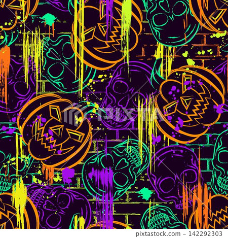 Halloween seamless pattern with human skull, pumpkin head on grunge brick wall background. Neon fluorescent ink splatters, paint drips. Grunge style. Halloween seamless pattern with human skull, pumpkin head on grunge brick wall background. Neon fluorescent ink splatters, paint drips. Grunge style. 142292303