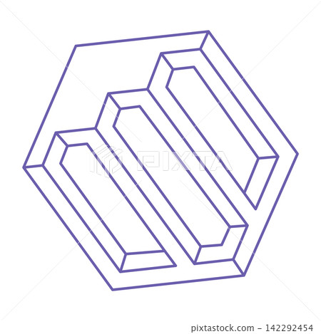 Optical illusion. Impossible shapes. Sacred geometry figure. Tattoo in trendy 2022 Very Peri color. Abstract eternal geometric objects. Optical art. Impossible geometry shape on a white background. Optical illusion. Impossible shapes. Sacred geometry figure. Tattoo in trendy 2022 Very Peri color. Abstract eternal geometric objects. Optical art. Impossible geometry shape on a white background. 142292454