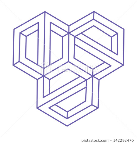 Optical illusion. Impossible shapes. Sacred geometry figure. Tattoo in trendy 2022 Very Peri color. Impossible endless outline shapes. Optical art. Impossible geometry shape on a white background. Optical illusion. Impossible shapes. Sacred geometry figure. Tattoo in trendy 2022 Very Peri color. Impossible endless outline shapes. Optical art. Impossible geometry shape on a white background. 142292470