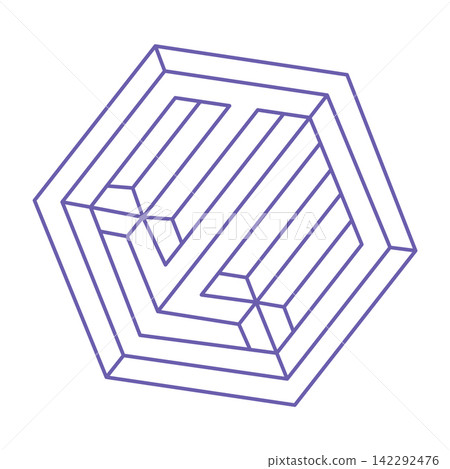 Optical illusion. Impossible shapes vector. Optical art object. Geometric figures. Escher paradox. Tattoo in trendy 2022 Very Peri color. Optical illusion. Impossible shapes vector. Optical art object. Geometric figures. Escher paradox. Tattoo in trendy 2022 Very Peri color. 142292476