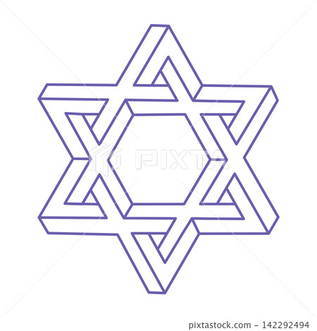 Optical illusion logo in trendy 2022 Very Peri color. Impossible shapes. Sacred geometry figures. Abstract eternal geometric objects. Optical art. Impossible geometry shape on a white background. Optical illusion logo in trendy 2022 Very Peri color. Impossible shapes. Sacred geometry figures. Abstract eternal geometric objects. Optical art. Impossible geometry shape on a white background. 142292494