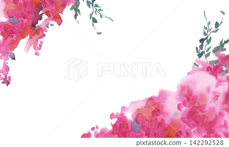 A horizontal frame with bright pink bougainvillea and an empty space for insertion. A watercolor floral illustration on an isolated background. A horizontal frame with bright pink bougainvillea and an empty space for insertion. A watercolor floral illustration on an isolated background. 142292528