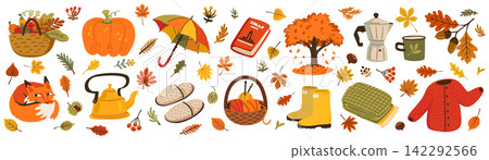 Autumn element set with harvest basket and cozy home objects like kettle, slippers and blanket. Sleeping fox curls beside acorns near fallen leaves. Hand drawn illustration suits cards and prints Autumn element set with harvest basket and cozy home objects like kettle, slippers and blanket. Sleeping fox curls beside acorns near fallen leaves. Hand drawn illustration suits cards and prints 142292566