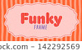 Funky scallop frame with whimsical groovy border and textured shape on seamless background in orange, pink and purple y2k colors. Abstract frame template for posters, cards and scrapbook designs 142292569