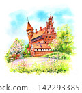 Warmian Chapter Castle in Olsztyn During Spring Watercolor Illustration 142293385