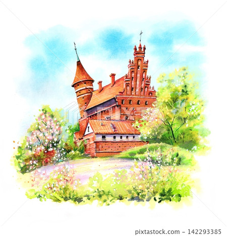 Warmian Chapter Castle in Olsztyn During Spring Watercolor Illustration Warmian Chapter Castle in Olsztyn During Spring Watercolor Illustration 142293385