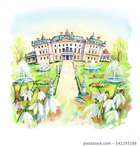 Branicki Palace in Bialystok with Spring Garden Watercolor Illustration Branicki Palace in Bialystok with Spring Garden Watercolor Illustration 142293386