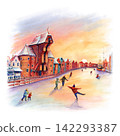 Gdansk Zuraw and Motlawa River in Winter Watercolor Illustration, Poland 142293387