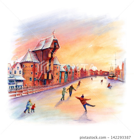 Gdansk Zuraw and Motlawa River in Winter Watercolor Illustration, Poland Gdansk Zuraw and Motlawa River in Winter Watercolor Illustration, Poland 142293387