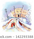 Lublin Castle in Winter with Snow Covered Bridge and Trees, Poland 142293388