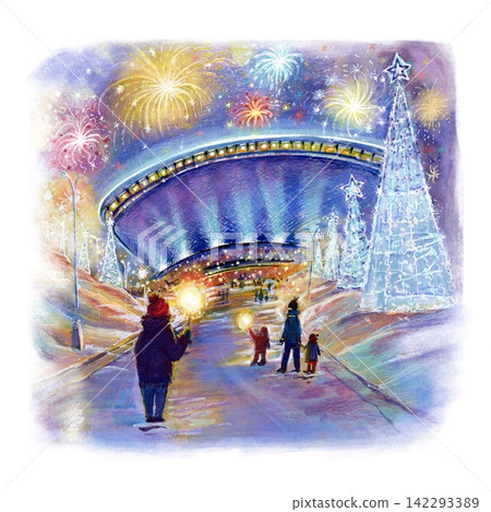 Katowice Spodek Arena with Winter Lights and Fireworks, Poland 142293389