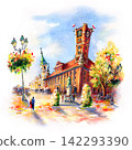 Historic Old Town of Torun in Warm Autumn Colors Watercolor Illustration 142293390