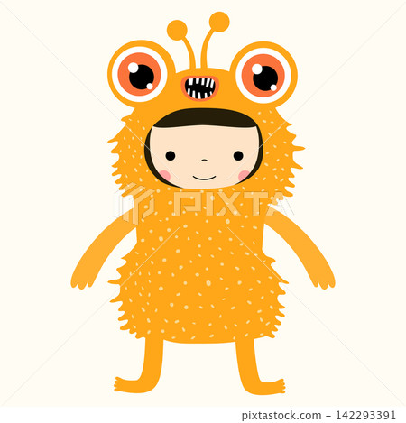 Cute vector girl dressed in funny monster costume, Fun illustration for kids birthday party invitations and Halloween designs Cute vector girl dressed in funny monster costume, Fun illustration for kids birthday party invitations and Halloween designs 142293391