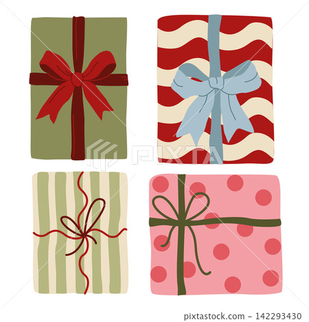 Hand-drawn wrapped gift and present illustrations with ribbons and bows for birthday, Christmas, baby shower, Valentines day decor Hand-drawn wrapped gift and present illustrations with ribbons and bows for birthday, Christmas, baby shower, Valentines day decor 142293430