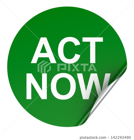 Act Now green sticker with curled peel corner. 3D rendering Act Now green sticker with curled peel corner. 3D rendering 142293490