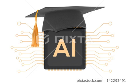 AI chip with graduation cap, for artificial intelligence education. 3D rendering 142293491