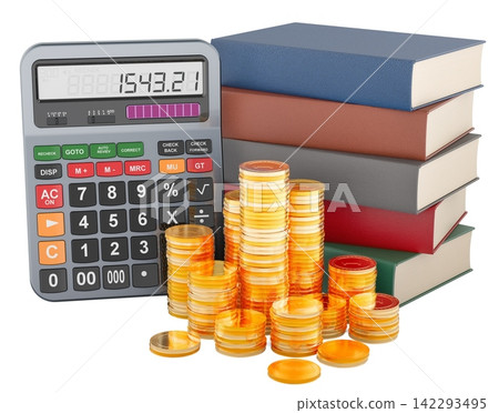 Calculator, books and coins for education cost and student budget. 3D rendering Calculator, books and coins for education cost and student budget. 3D rendering 142293495