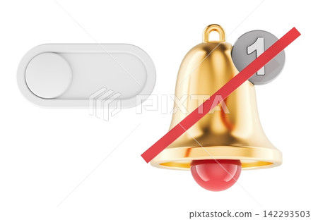Notification bell with off switch for disabling alerts and silent mode. 3D rendering Notification bell with off switch for disabling alerts and silent mode. 3D rendering 142293503