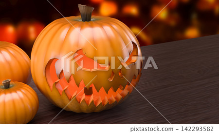 Glowing Scary Jack O Lantern Among Autumn Pumpkins 3d render. Glowing Scary Jack O Lantern Among Autumn Pumpkins 3d render. 142293582