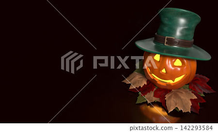 Cheerful Glowing Jack O Lantern in Green Top Hat 3d render. Cheerful Glowing Jack O Lantern in Green Top Hat 3d render. 142293584