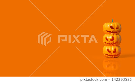 Stacked Scary Halloween Pumpkins on Bright Orange Background 3d render. 142293585