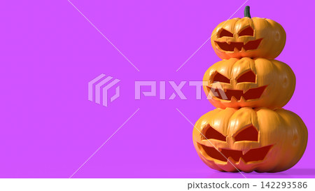 Stacked Spooky Jack O Lantern Pumpkins on Vibrant Pink Background 3d render. Stacked Spooky Jack O Lantern Pumpkins on Vibrant Pink Background 3d render. 142293586