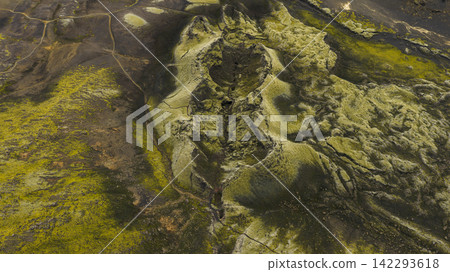 Aerial top-down view of moss-covered lava rocks with mineral deposits, Skaft?rhreppur Iceland Aerial top-down view of moss-covered lava rocks with mineral deposits, Skaft?rhreppur Iceland 142293618