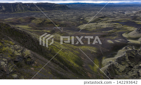 Aerial view of volcanic lava fields with moss coverage and crater formations, Skaft?rhreppur Iceland Aerial view of volcanic lava fields with moss coverage and crater formations, Skaft?rhreppur Iceland 142293642