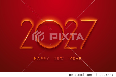 2027 Happy New Year text with orange glow on dark red background 2027 Happy New Year text with orange glow on dark red background 142293885