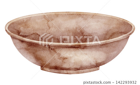 Ceramic bowl watercolor illustration. Art of a rustic handmade earthenware dish isolated on background. Mediterranean tableware clipart for food, kitchen, dining, pottery and traditional designs. 142293932