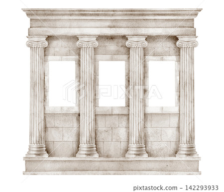 Roman colonnade watercolor illustration with classical stone columns and architectural details isolated on background. Ancient clipart with ionic pillars for historical and Mediterranean designs. Roman colonnade watercolor illustration with classical stone columns and architectural details isolated on background. Ancient clipart with ionic pillars for historical and Mediterranean designs. 142293933