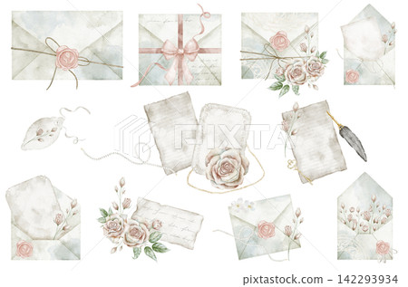 Vintage stationery watercolor set. Collection of envelopes, papers and floral elements isolated on background. Decorative clipart for journals, wedding invitations and scrapbooking. Retro sheets. 142293934