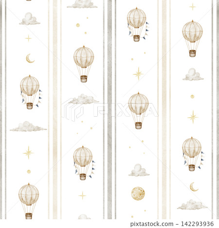 Striped balloon seamless watercolor pattern isolated on background. Repeat design for fabric, nursery wallpaper and wrapping paper. Baby backdrop for bed linen or childish textile in pastel colors. Striped balloon seamless watercolor pattern isolated on background. Repeat design for fabric, nursery wallpaper and wrapping paper. Baby backdrop for bed linen or childish textile in pastel colors. 142293936