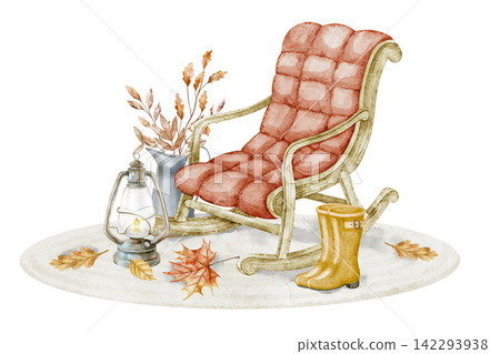 Autumn rocking chair watercolor illustration with lantern, rubber boots, leaves and fall decor isolated on background. Cozy seasonal clipart for farmhouse, harvest festival and home designs. Autumn rocking chair watercolor illustration with lantern, rubber boots, leaves and fall decor isolated on background. Cozy seasonal clipart for farmhouse, harvest festival and home designs. 142293938