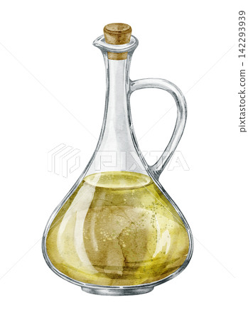 Olive oil cruet watercolor illustration of a glass bottle with golden oil isolated on background. Mediterranean kitchen clipart with glass jar and cork for cooking, cuisine, food, tableware design. Olive oil cruet watercolor illustration of a glass bottle with golden oil isolated on background. Mediterranean kitchen clipart with glass jar and cork for cooking, cuisine, food, tableware design. 142293939