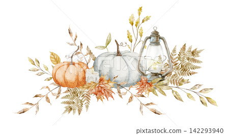 Autumn watercolor illustration with pumpkins, lantern, wheat, fern and fall foliage isolated on background. Harvest fall botanical clipart arrangement for Thanksgiving invitations and seasonal design. 142293940