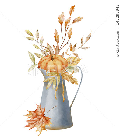 Jug watercolor illustration with pumpkin, autumn branches and fall leaves isolated on background. Seasonal harvest arrangement clipart for farmhouse, Thanksgiving invitations and rustic greetings. Jug watercolor illustration with pumpkin, autumn branches and fall leaves isolated on background. Seasonal harvest arrangement clipart for farmhouse, Thanksgiving invitations and rustic greetings. 142293942