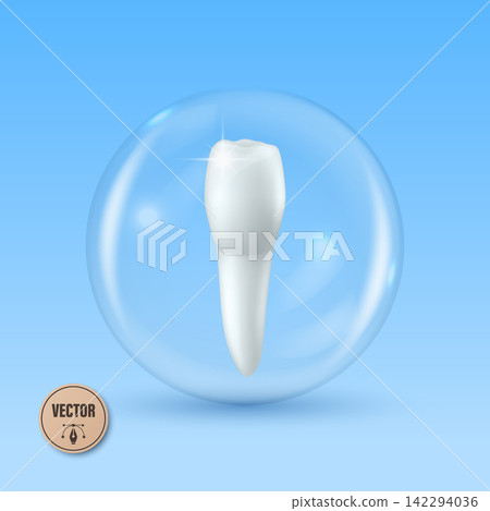 Tooth Protection Concept, Vector Illustration. White Vector Tooth in Transparent Bubble. Dental Care, Oral Hygiene, Enamel Safety Symbol on Blue Background. Medical Vector Illustration Tooth Protection Concept, Vector Illustration. White Vector Tooth in Transparent Bubble. Dental Care, Oral Hygiene, Enamel Safety Symbol on Blue Background. Medical Vector Illustration 142294036
