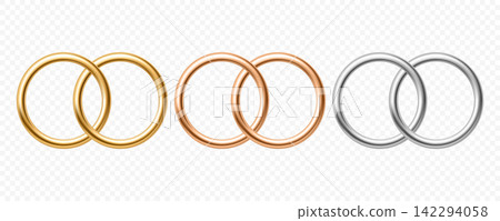 Golden and Silver Wedding Ring Set. Interlocking Wedding Bands, 3d Vector Illustration. Elegant Silver Circular Frames and Marriage Clipart Isolated. Gold Rings, Silver Rings Golden and Silver Wedding Ring Set. Interlocking Wedding Bands, 3d Vector Illustration. Elegant Silver Circular Frames and Marriage Clipart Isolated. Gold Rings, Silver Rings 142294058