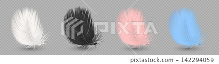 Feather Set in White, Black, Pink and Blue Colors, Vector Illustration. Soft Fluffy Bird Feathers Isolated. Decorative Lightweight Plume Collection 142294059