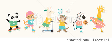 Cute Animal Sports Set, Vector Illustration. Cartoon Panda on Skateboard, Cat on Roller Skates, Llama on Scooter, Otter Playing Badminton, Zebra With Basketball and Giraffe With Surfboard Cute Animal Sports Set, Vector Illustration. Cartoon Panda on Skateboard, Cat on Roller Skates, Llama on Scooter, Otter Playing Badminton, Zebra With Basketball and Giraffe With Surfboard 142294131
