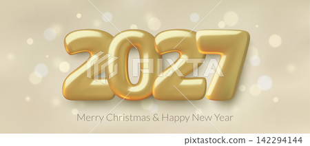 2027 Happy New Year Gold 3d numbers banner design holiday glittering bokeh lights background 2027 Happy New Year Gold 3d numbers banner design holiday glittering bokeh lights background 142294144
