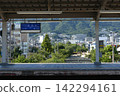 The platform view of Oishi Station on the Hanshin Main Line and the lush green mountain range of Mount Rokko. 142294161